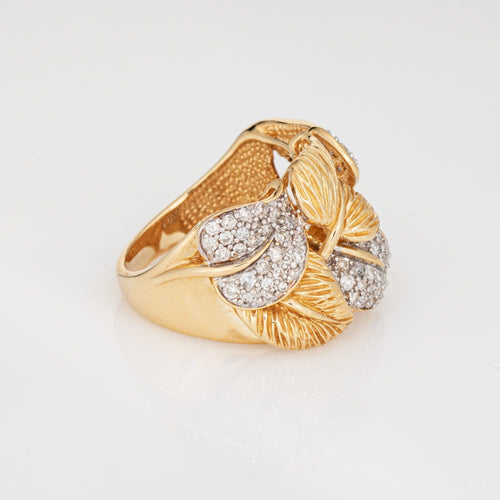 Bague Bague vintage en or jaune 14 carats avec feuilles de diamants, taille 9, large anneau cigare, bijoux fins 58 Facettes G13962