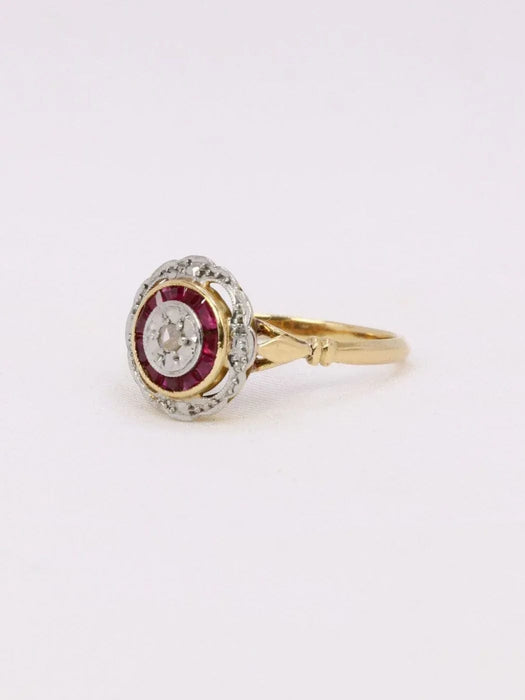 Bague 50 Bague Art Déco ronde or jaune diamants rubis 58 Facettes J389