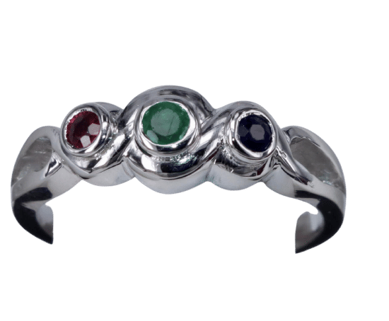 Bague 52 Bague 3 pierres émeraude rubis et saphir en or blanc 58 Facettes BA-102
