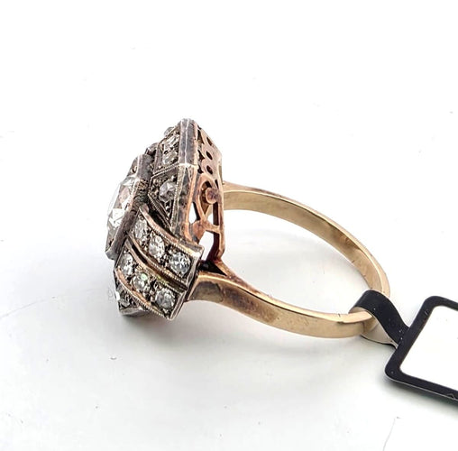 Bague 54 Anello con diamante centrale old mine en or jaune et argent 58 Facettes