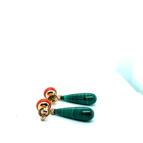 Boucles d'oreilles Boucle d'oreille en malachite, corail, diamant et or jaune 58 Facettes