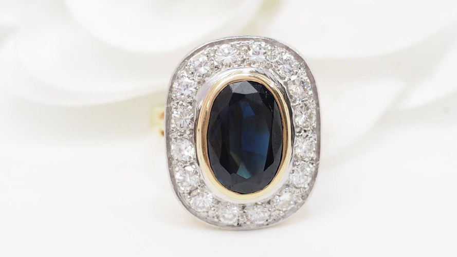 Bague 53.5 Bague pompadour en or bicolore, saphir et diamants 58 Facettes