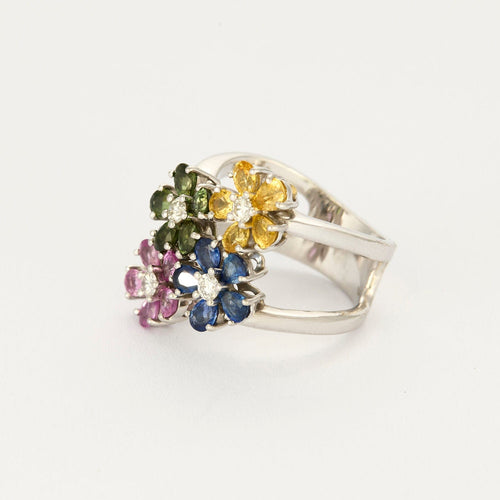 Bague 56.5 Bague fleur en Or blanc 18k et saphirs de couleurs 58 Facettes 250305