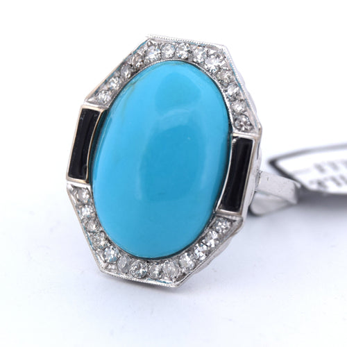 Bague Bague en or blanc avec turquoise et onyx 58 Facettes