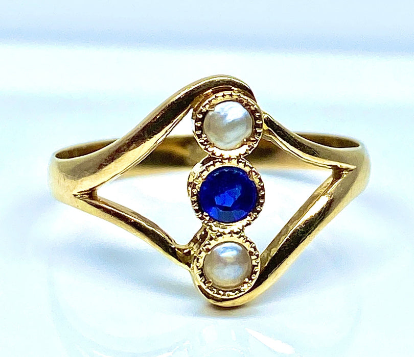 Bague 54 Bague or jaune, perles et pierre bleue 58 Facettes AB427