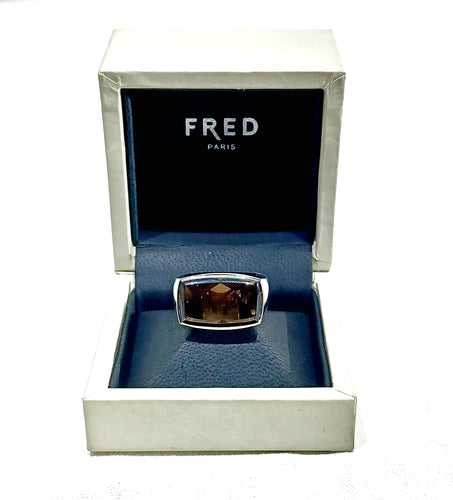 Bague 56 FRED – Bague or blanc et quartz fumé 58 Facettes