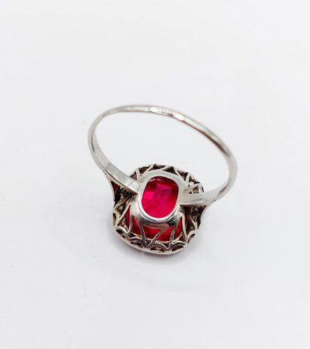 Ring Art Deco white gold, synthetic ruby and rose-cut diamonds (circa 1930) 