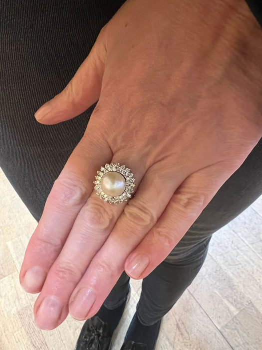 Ring Daisy white gold, 10mm pearl, diamonds