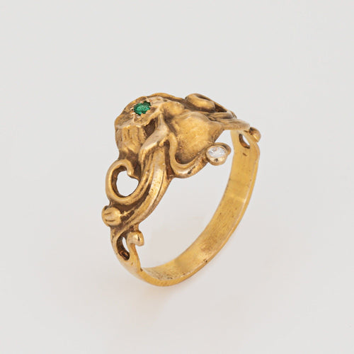 Bague Bague vintage de style Art nouveau 7,5" pour femme, anneau figuratif en or 14 carats, diamant et émeraude 58 Facettes G13718
