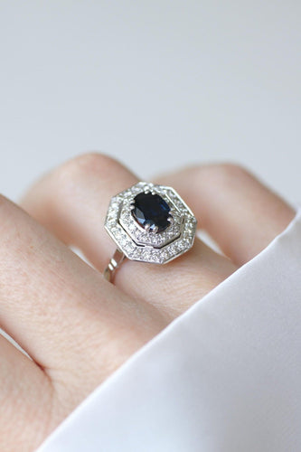 Bague 56.5 Bague Octogonale Saphir et Diamants Style Art Déco 58 Facettes