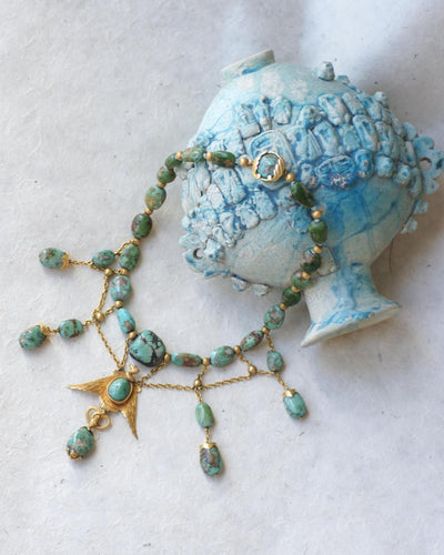 Collier Collier Ancien Néo Egyptien Or Jaune et Turquoises 58 Facettes