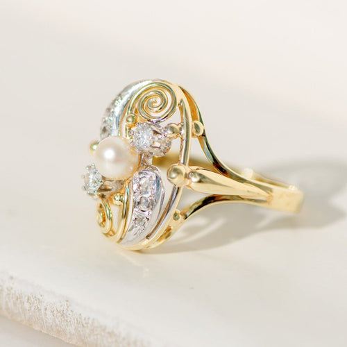 Starobylý secesní prsten s perlou a diamanty ze 14kt žlutého/bílého zlata 