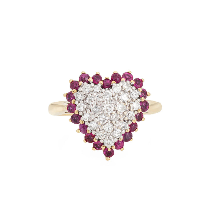 Vintage Pave Diamond Ruby Heart Ring 14k Geel Goud Sz 5 Cocktail Fijne Sieraden