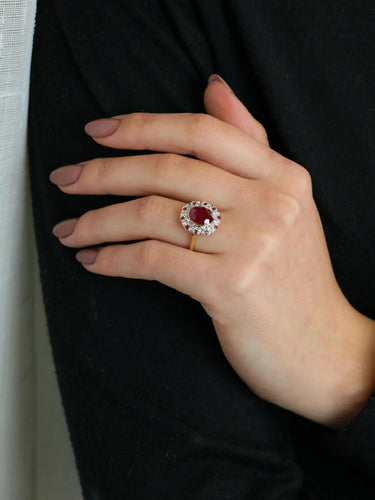 Bague 51 Bague marguerite vintage or jaune diamants rubis ovale 2,2 ct 58 Facettes J381