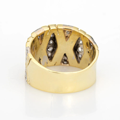 Bague Bague vintage en or jaune 14 carats avec diamants et cigares, style années 70, taille 7, large, texturée, bijoux 58 Facettes G12637