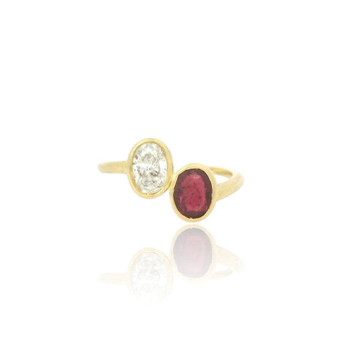 Toi & Moi yellow gold diamond and ruby ring 