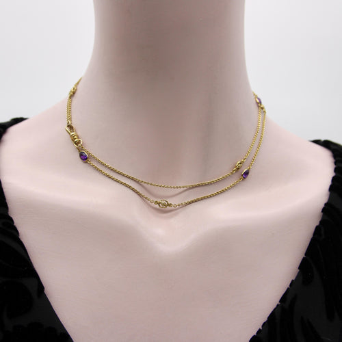 Collier Chaîne station édouardienne en or 14 carats avec améthyste et fleurs 58 Facettes A2002K