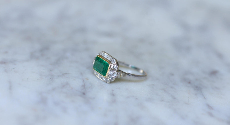 Bague 53 Bague Art déco Emeraude Colombienne 1.70 Cts et diamants 58 Facettes