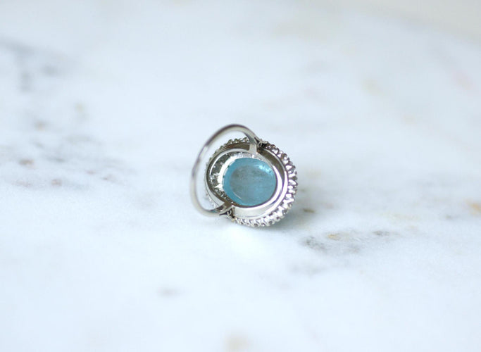 Bague 53.5 Bague Marguerite or blanc, Cabochon Aigue-Marine et Diamants 58 Facettes