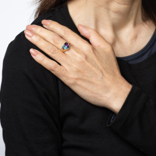 Bague Bague cœur en or jaune 14 carats, topaze bleue et améthyste, taille 6,5, bijou vintage 58 Facettes G13919