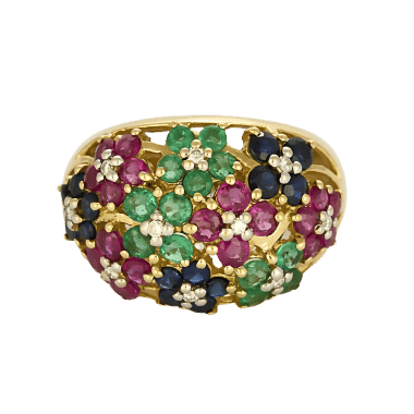 Bague 54 Bague cocktail en or jaune , rubis, saphirs et émeraudes. Style Tutti frutti. 58 Facettes SBR2071