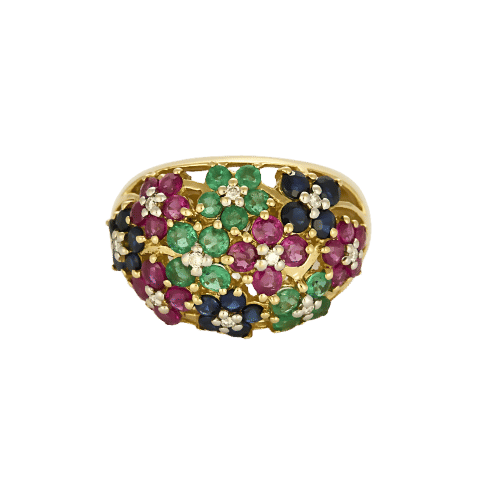 Bague 54 Bague cocktail en or jaune , rubis, saphirs et émeraudes. Style Tutti frutti. 58 Facettes SBR2071