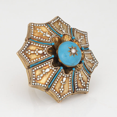 Bague Bague cocktail vintage imposante en émail bleu, taille 7,5, or jaune 14 carats, fleur de lys 58 Facettes G14147