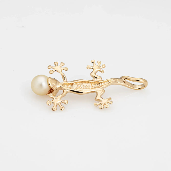 Gecko Pendant Yellow Gold Lizard Cultured Pearl Charm Fine Estate Jewelry