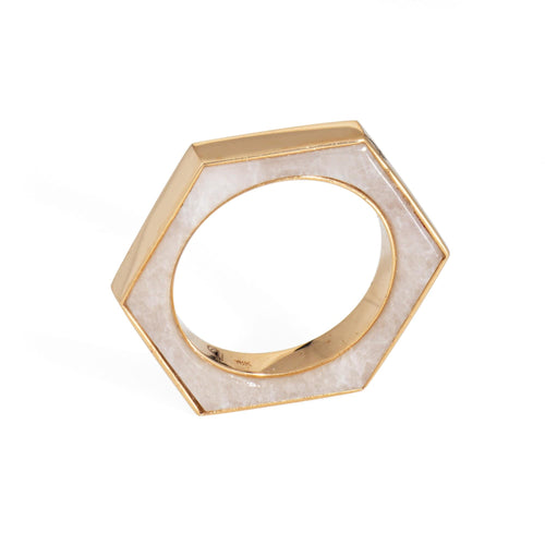 Bague 46 Bague hexagonale en or jaune incrustée d'onyx blanc 58 Facettes G13905