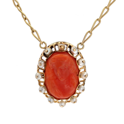 Collier Collier ancien or jaune camée corail et perles fines 58 Facettes 25-027