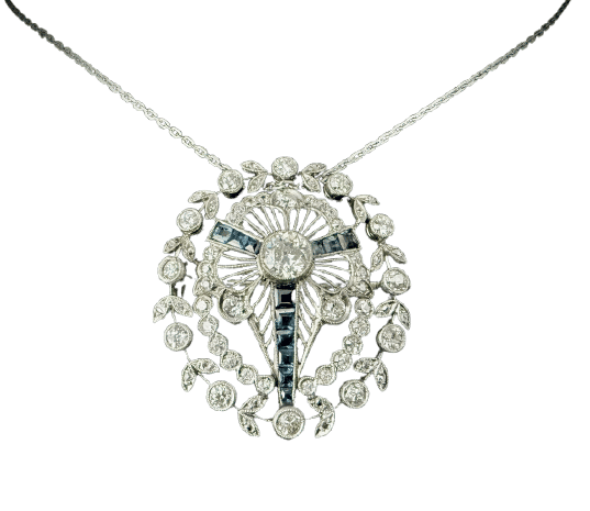 Brož/Přívěsek Art Deco z Platina osazený 2,80 karáty diamantů a safírů 