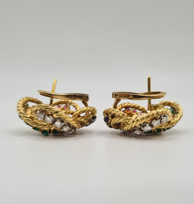 BOUCHERON - Yellow gold earrings set with diamonds, sapphires, emeralds and rubies