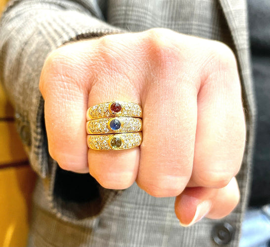 Bague 57 Trio de bagues or jaune diamants pierres de couleur 58 Facettes