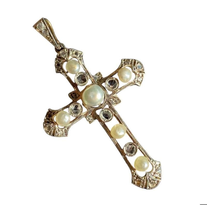 Pendentif Pendentif croix belle époque or jaune perle et diamants 58 Facettes