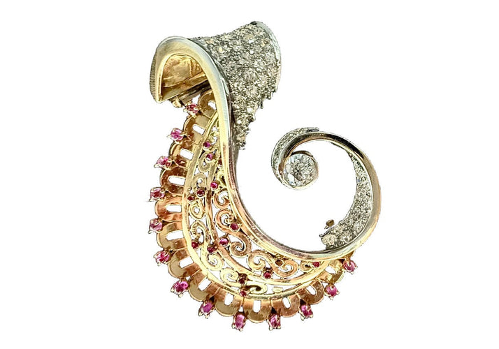 Broche Broche sertie de diamants et rubis en cabochon en or jaune et blanc 58 Facettes