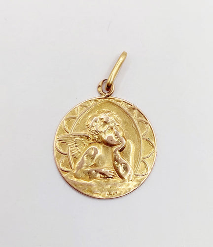 Pendentif Médaille antique or rose 18k angelot (circa 1924) 58 Facettes A06135