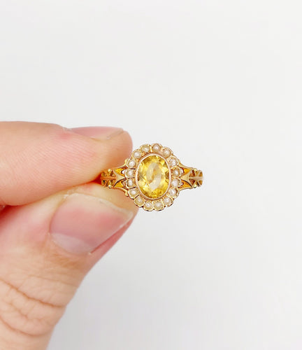 Bague marguerite antique citrine et perles en or rose 18k (circa 1900)