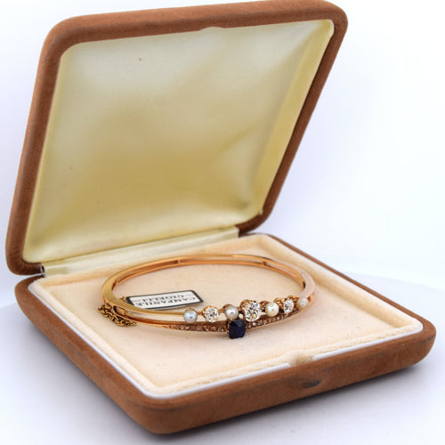 18 ayar sarı altından vintage bilezik, inciler, safir ve elmaslarla 