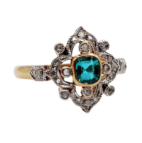 Bague 59.5 Epner - Bague marquise en or 18k et platine, pierre verte et diamants 58 Facettes A06589