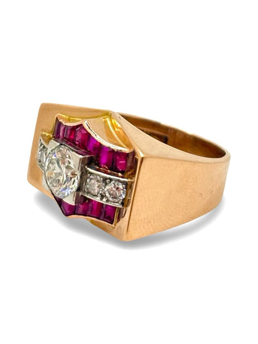 Bague 55.5 Bague Tank vintage en or rose 18k et diamants, rubis 58 Facettes