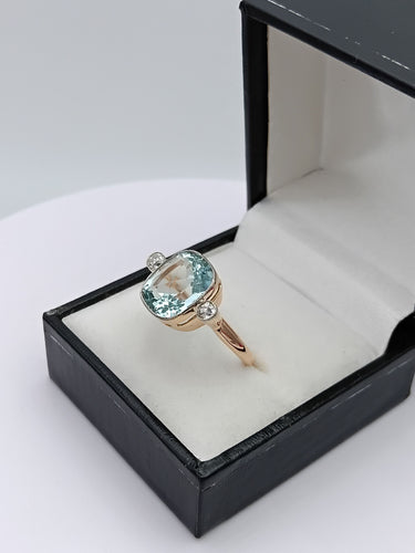Bague 54 Bague vintage aigue-marine coussin et diamants en or rose 18k 58 Facettes