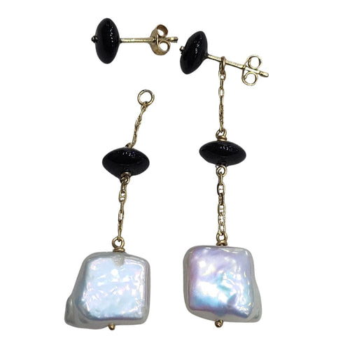 Boucles d'oreilles Pendientes démontables en or jaune 18k, perles et onyx 58 Facettes T224