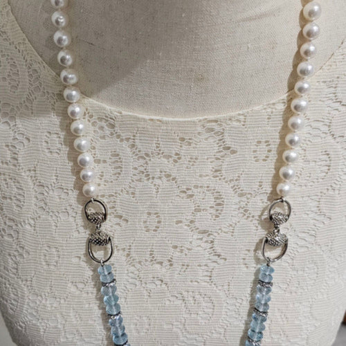 Collier Sautoir en perles naturelles et topazes bleues 58 Facettes CO50851