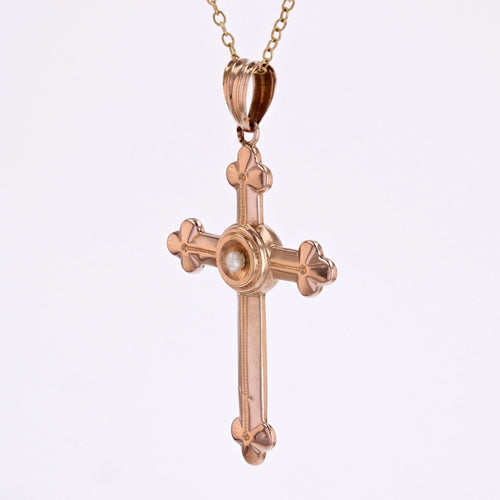 Pendentif Croix ancienne or rose perle fine 58 Facettes 24-264
