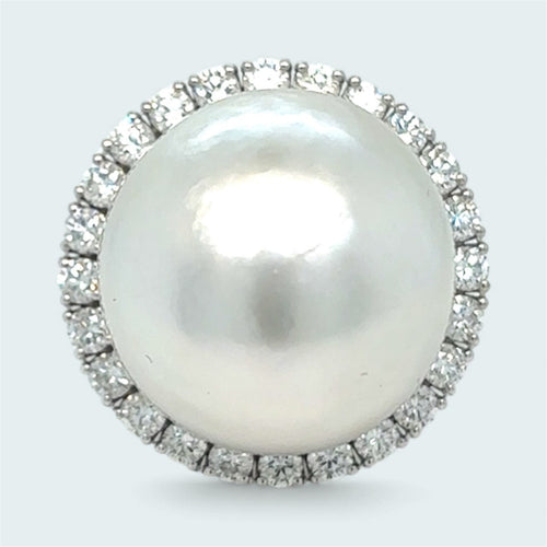 Bague 54 Bague rétro en or blanc avec perle des mers du Sud et diamant 58 Facettes