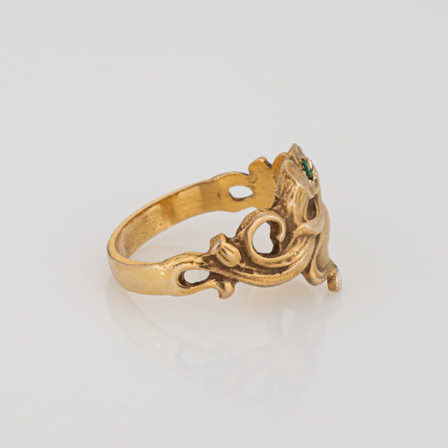 Bague Bague vintage de style Art nouveau 7,5" pour femme, anneau figuratif en or 14 carats, diamant et émeraude 58 Facettes G13718