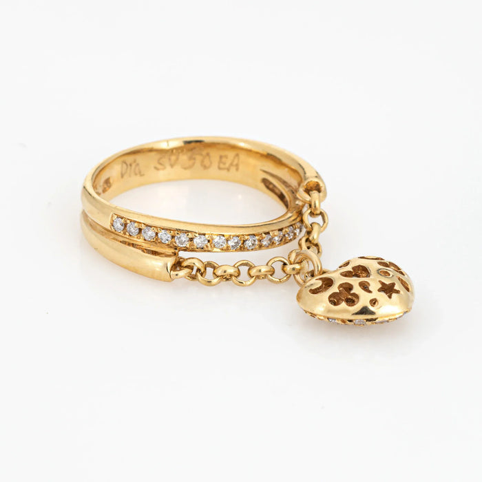 Diamond Heart Charm Ring Estate 18k Yellow Gold Band Sz 7 Fine Jewelry Dangle
