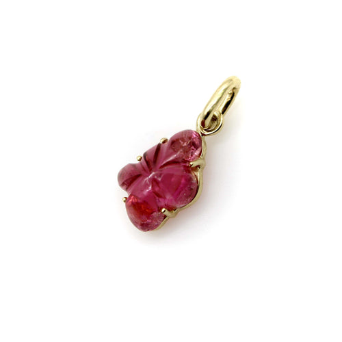 Pendentif Breloque fleur en tourmaline rose sculptée à la main, signée en or 14 carats 58 Facettes A2006X