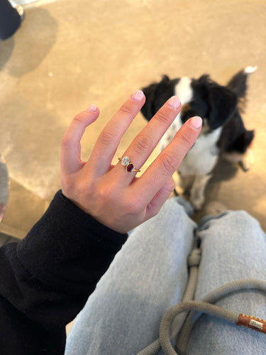 Toi & Moi yellow gold diamond and ruby ring 