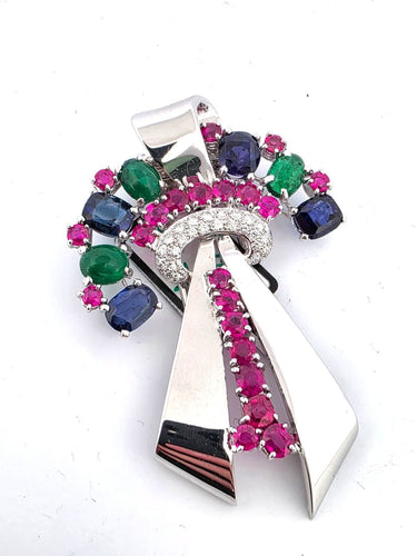 Broche Magnifique broche tutti frutti en or blanc massif ornée d'un mélange de pierres précieuses 58 Facettes